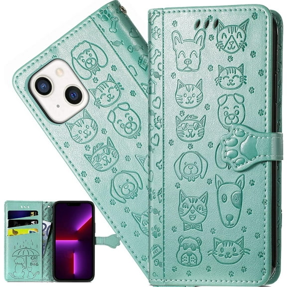for Apple iPhone 13 (6.1 Inch) Cartoon Cute Wallet Case,Cat Dog Style Flip Phone Cover with ID Card Holder PU Leather Cases for Apple iPhone 13 MG Green