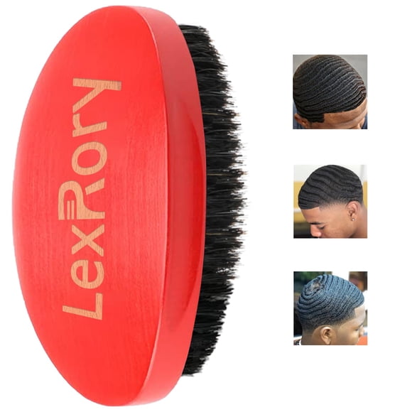 Cepillo de onda curva 360 - Cepillo de palma de dureza media con madera de haya y cerdas de jabalí para peinado y cuidado de la barba de hombres (rojo)