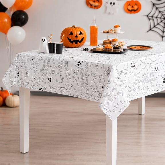 Halloween Color Your Own Disposable Table Cover, White, Fun Coloring Design for Kids, Easy-Cleanup Tablecloth for Halloween Parties, Crafts & Family Gatherings