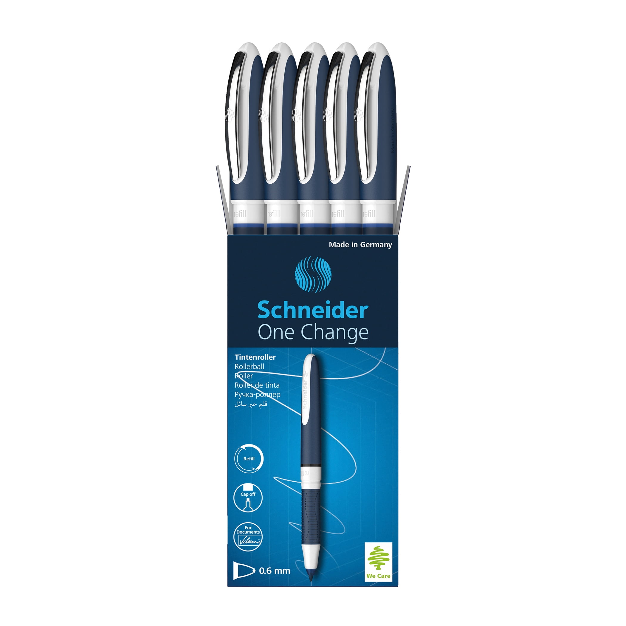 Schneider One Change Refillable Rollerball Pens, 0.6 mm, Blue, Pack of 5