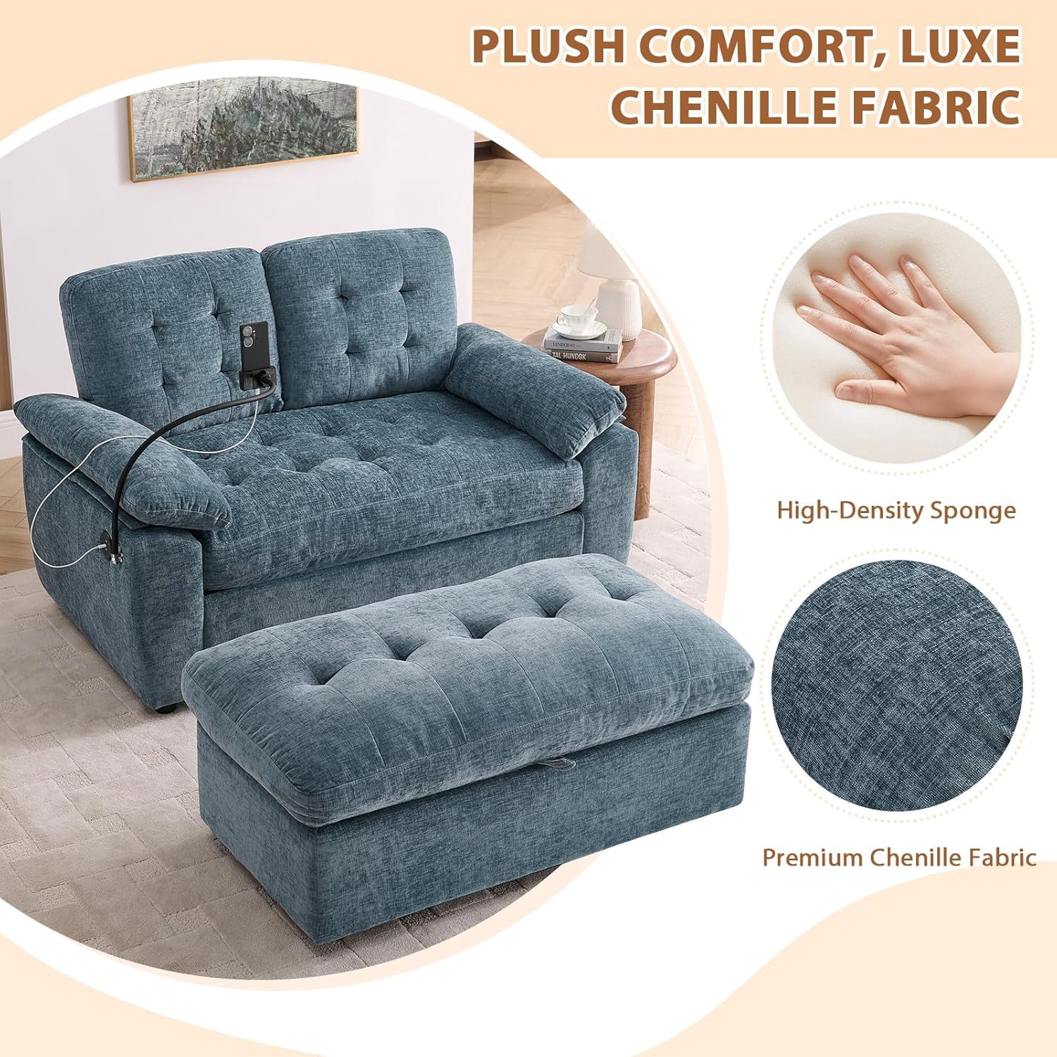 MOONMISS Oversized Chaise Lounge Chair Indoor with Ottoman&Adjustable Backrest,Chenille Tufted Recliner Sofa Chair with USB&Phone Holder,Convertible Sleeper Couch Bed for Living Room,Blue