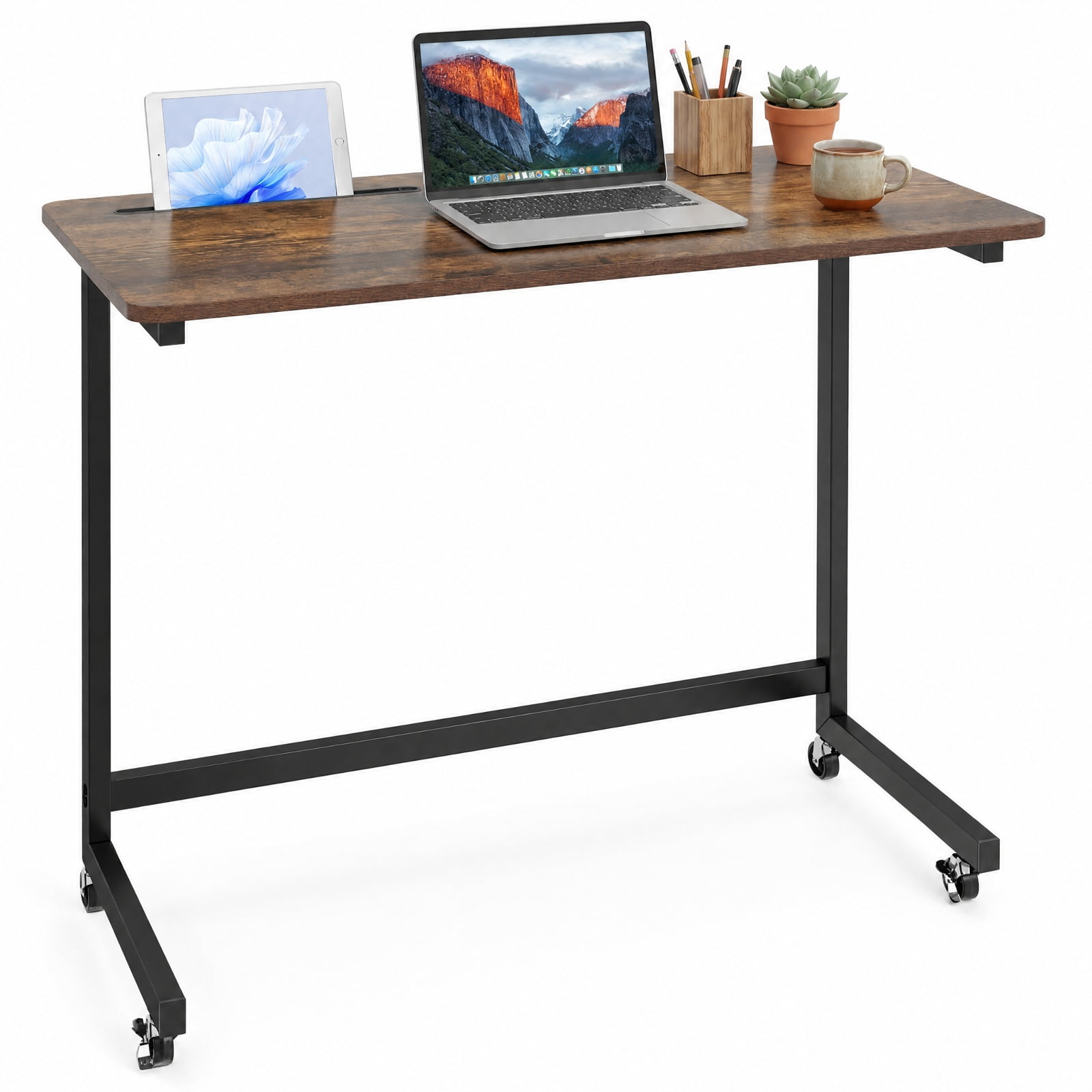 Furnibear Mobile Side Table and Rolling Laptop Desk Cart with Tablet Slot Locking Wheels and Metal Frame for Living Room and Bedroom, Rustic Brown