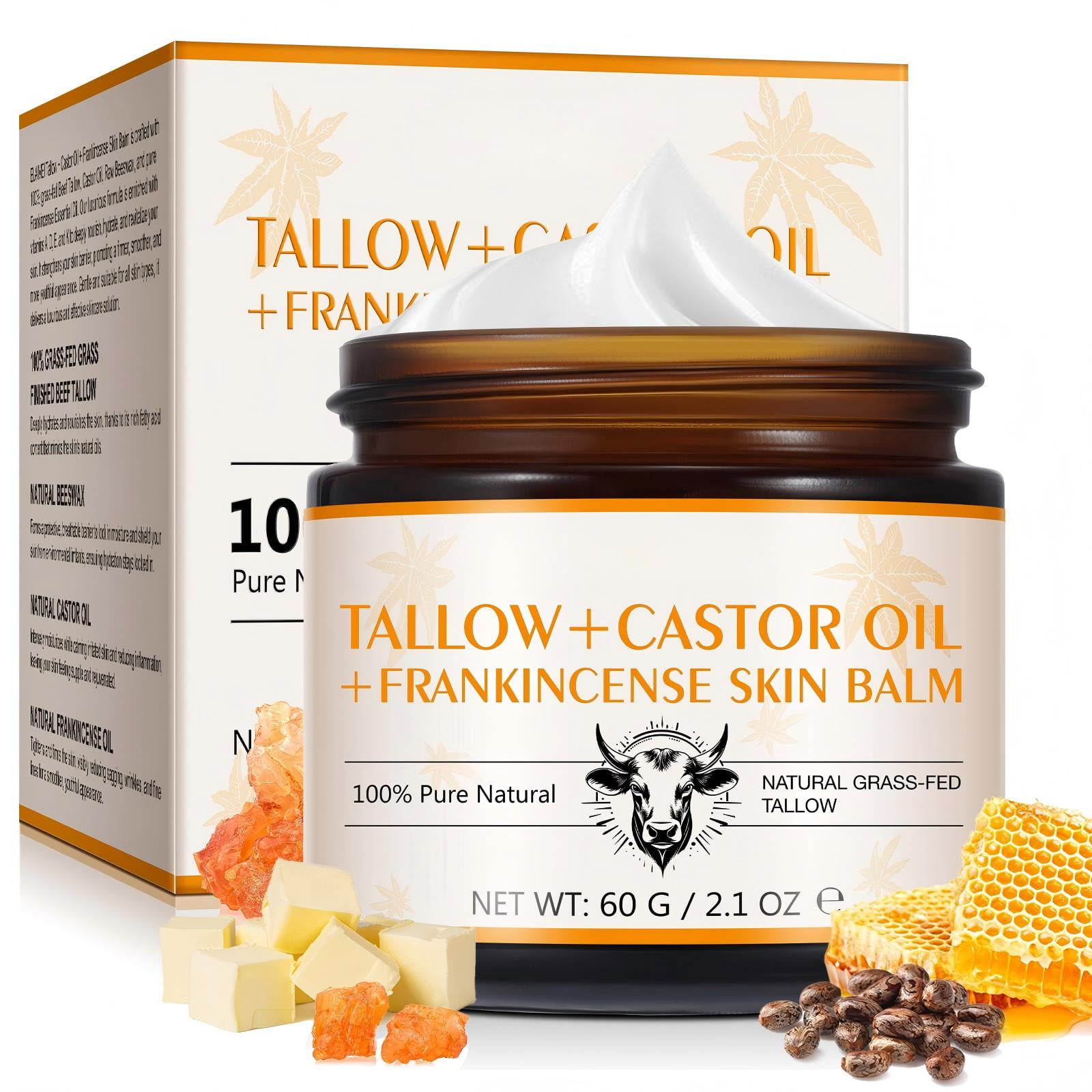 Tallow+Castor Oil + Frankincense Skin Balm, Anti-Aging, Healing & Skin Repair, No Additives, 2.1 OZ