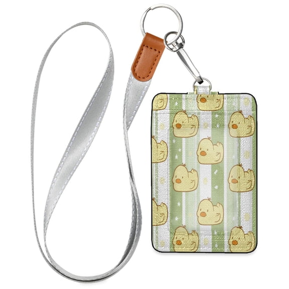 PU Leather Badge Holder Lightweight ID Card Holder with Window Pocket Green Striped Chick