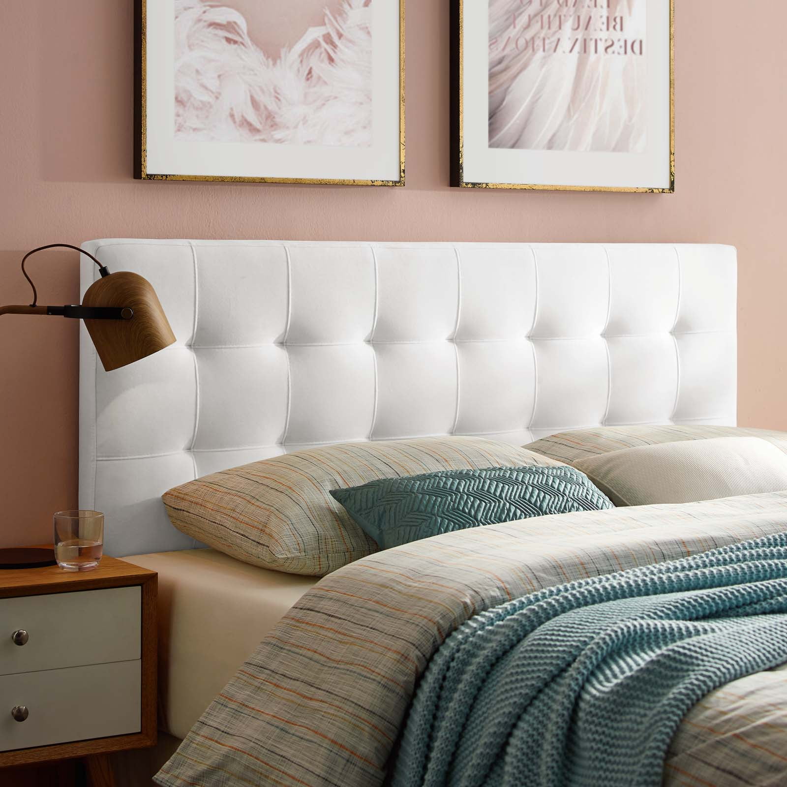 Contemporary Modern Urban Designer Bedroom Queen Size Tufted Headboard, Velvet Fabric, White