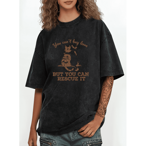 Cat Lover Graphic Tees Print Tshirt Washed Black Rescue Quote Shirts S-2XL Tops