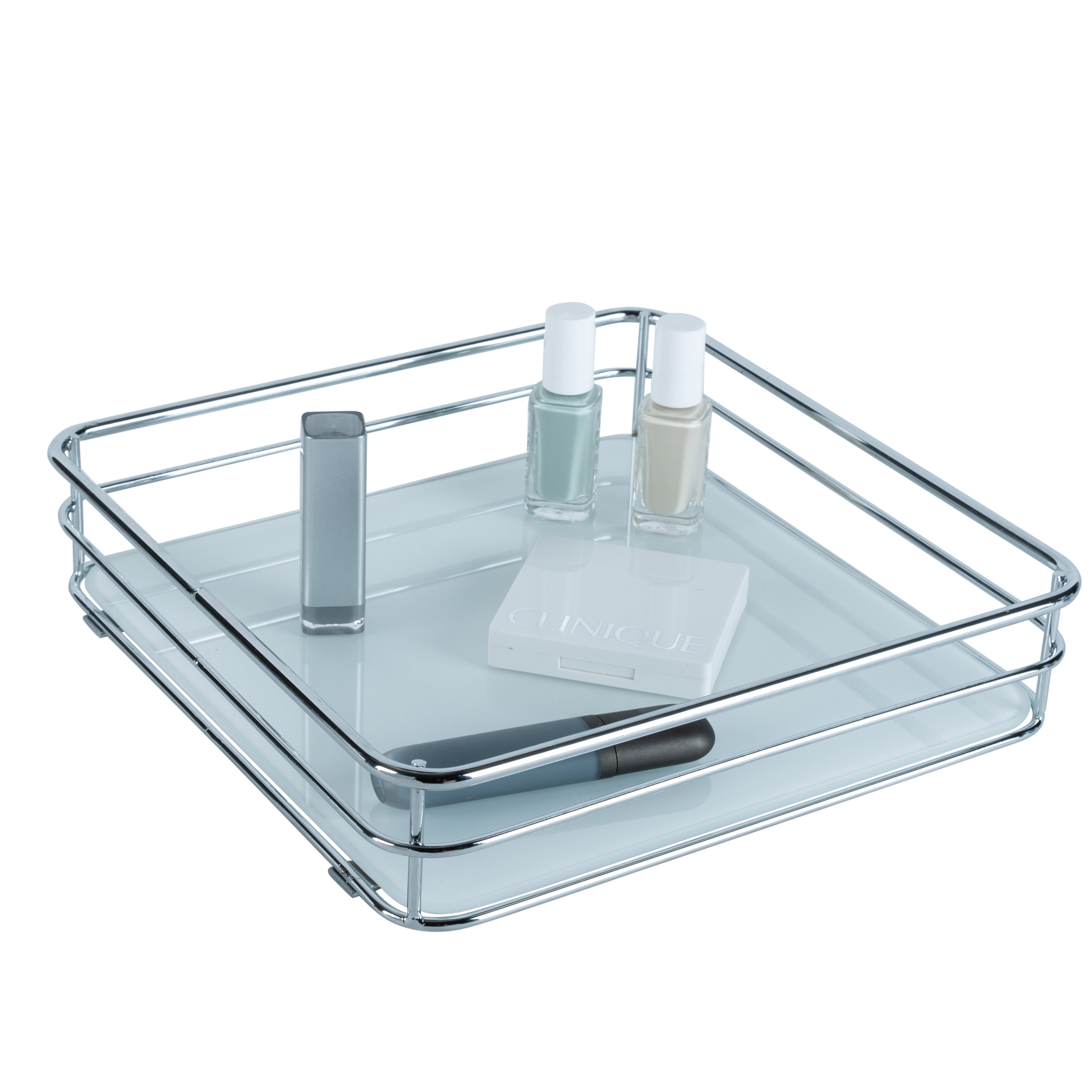 ELLE Paris Limoges Collection Steel Square Vanity Tray Makeup Organizer in Chrome