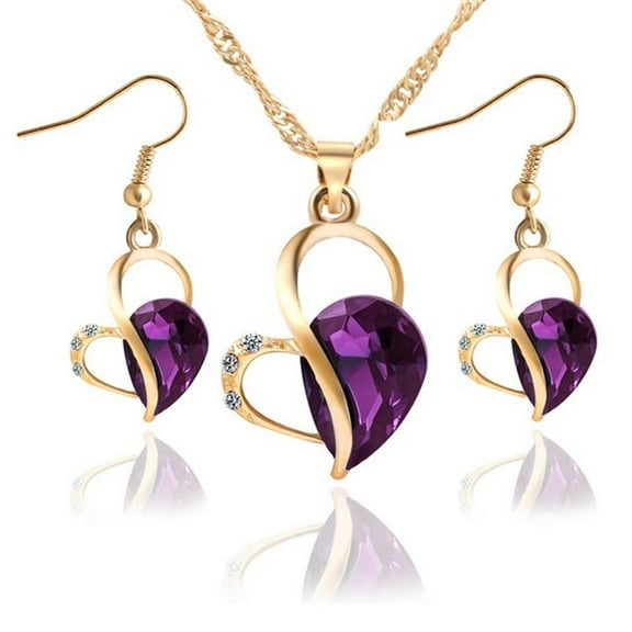 Havilah Cute Heart Shaped Crystal Stud Necklace Jewellery Set(Purple)