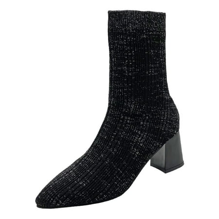 

GNEIKDEING Women s Thick Boots Solid High Ankle Heel Color Stretch Knitted women s boots Gift on Clearance