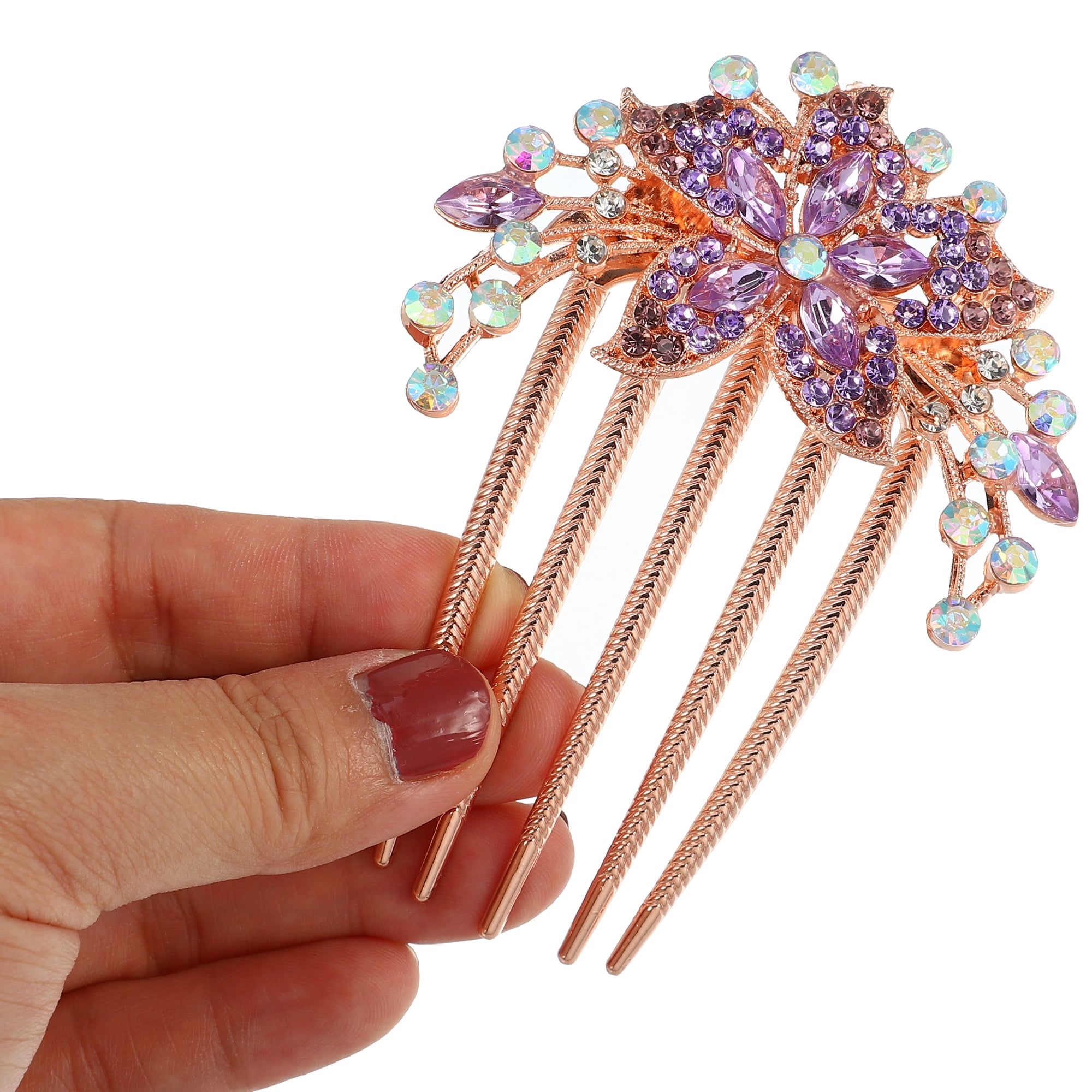 Unique Bargains Women Rhinestone Inlaid Flower Hair Comb 1Pc Violet