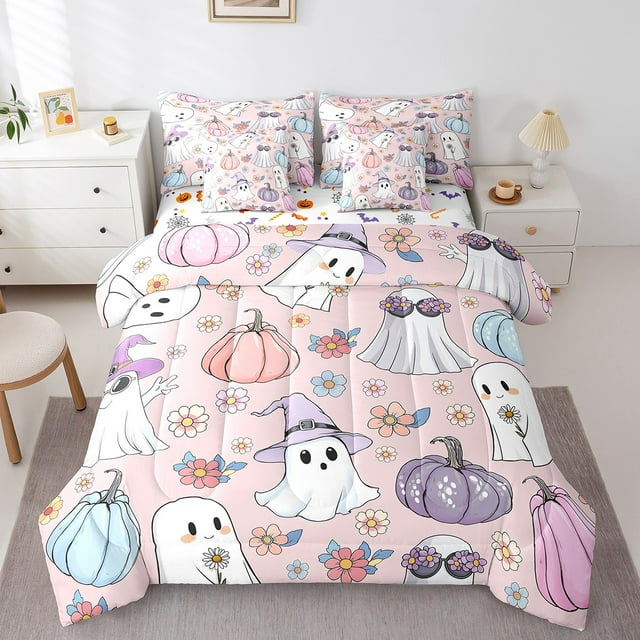 YST Ensemble de Literie 7 Pcs Taille Simple pour Enfants Halloween, Ensemble de Literie Réversible Dessin Animé Ghost, Couette Citrouille Colorée avec Ensemble de Draps, Toutes Saisons
