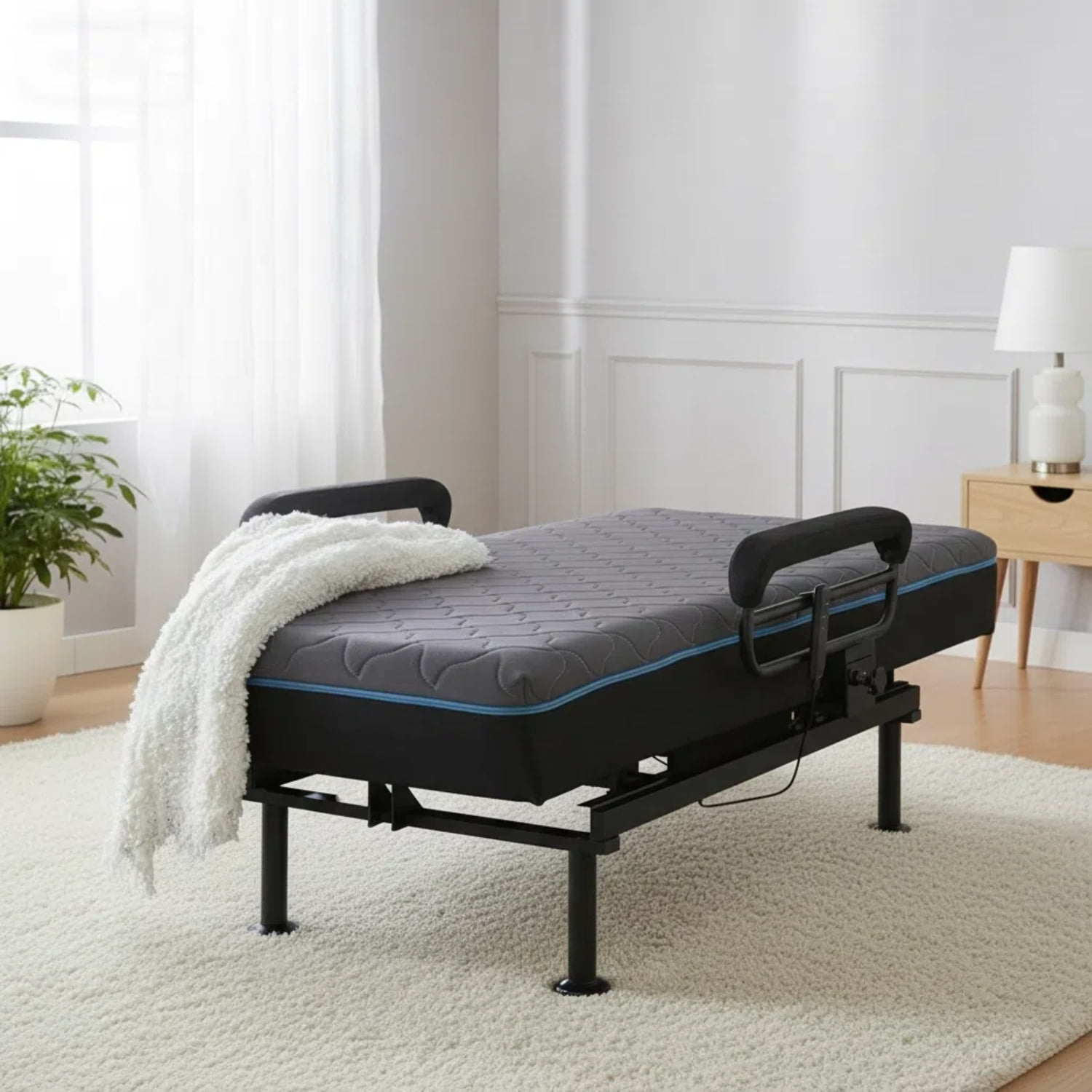 Seniors and Elderly Electric Sit to Stand Lift Assist and Wireless Remote Adjustable Bed Frame, Twin Size