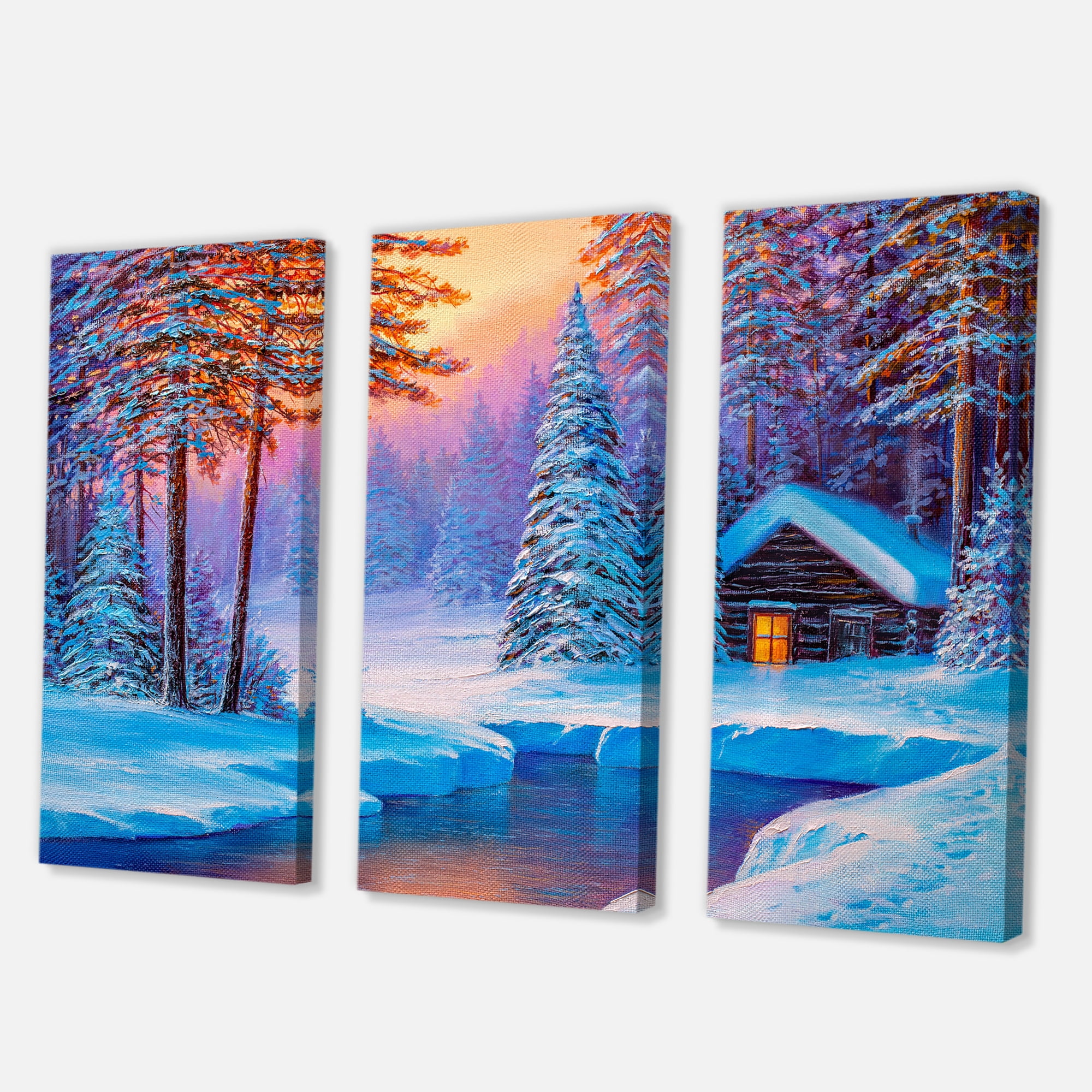 Designart ' Old Cabin In Winter Forest In Evening Glow I ' Traditional Canvas Wall Art Print