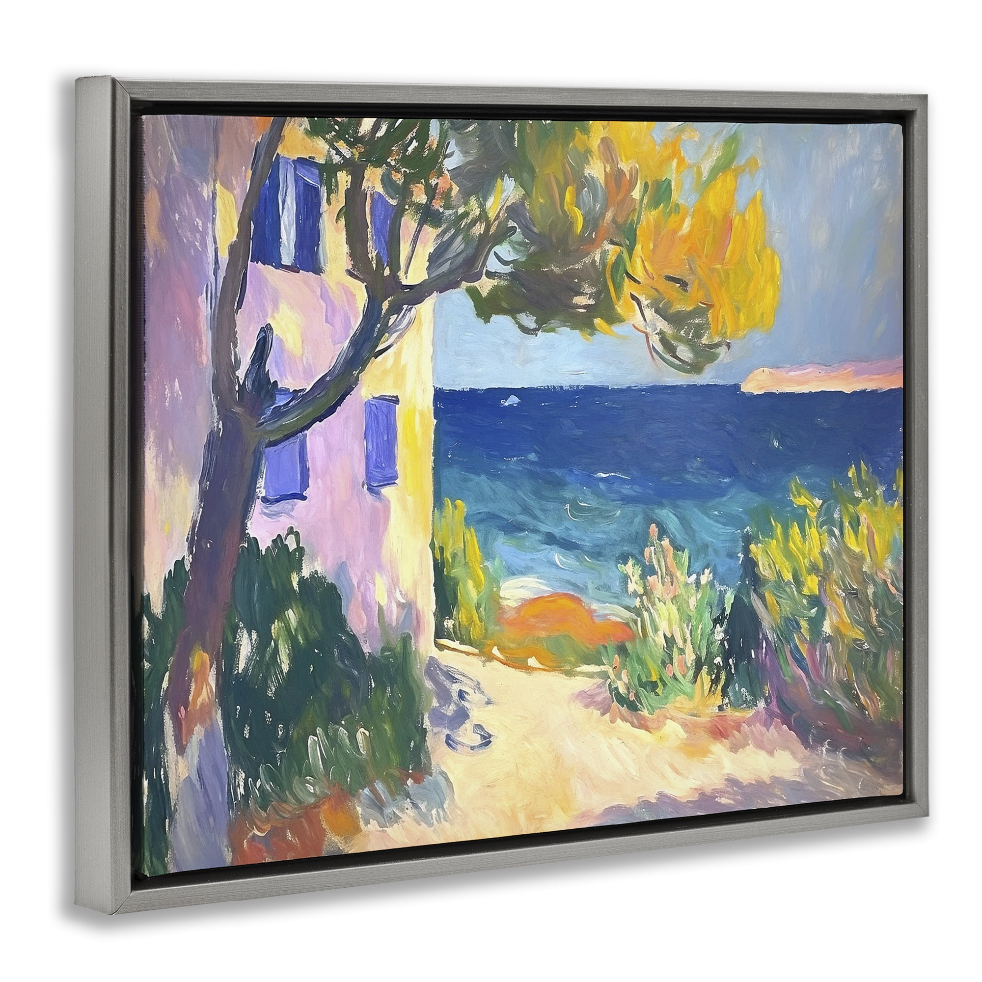 Stupell Industries House On Coastline Coastal Painting Gray Floater Framed Canvas Art Print Wall Art, 31 x 25