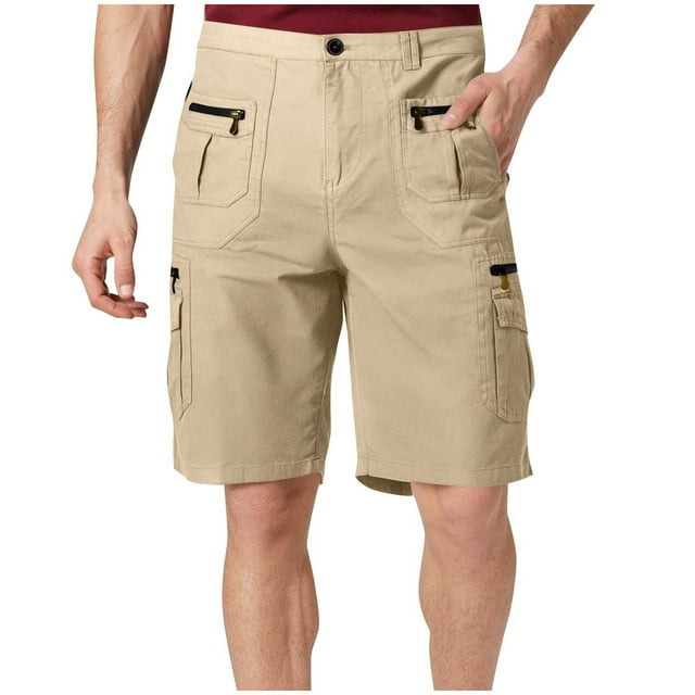 fheaev Cargo Pants for Men Man Solid-Color Multi-pocket Zipper Button Work Pants Button Cropped Pants Capris