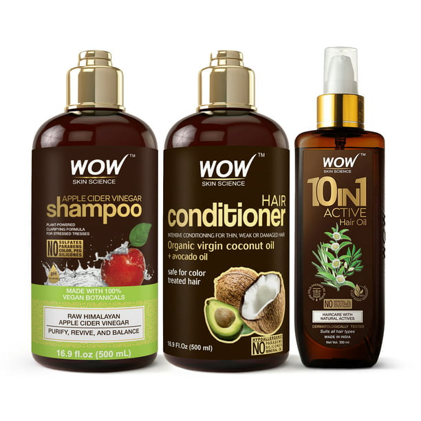WOW Skin Science Hair Loss Prevention & Scalp Care Daily Shampoo,  Conditioner & Hair Oil with Apple Cider Vinegar, Coconut & Avocado, Full  Size Set, 3 Piece 