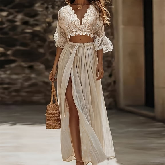 Morttic Women‘s Solid Two-Piece Set – Lace Spliced V-Neck Short Sleeve Top & High Slit Maxi Skirt Elegant Casual Outfit Apricot,S