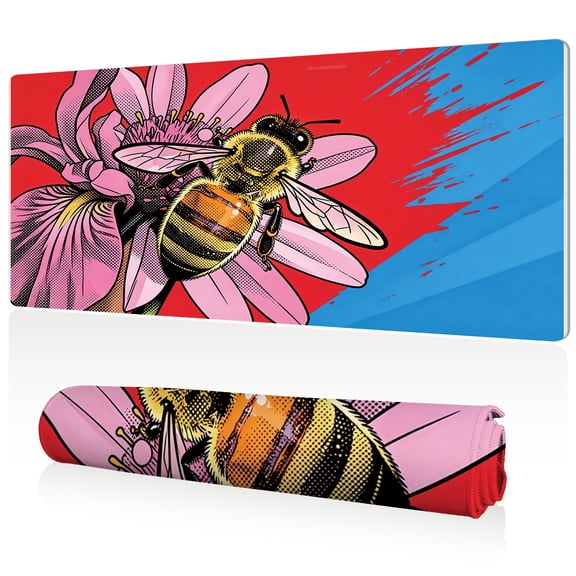 LIVEKEY Extra Large Mouse Pad 80x40x0.3cm Bee on Pink Flower Pop Art Design Full Desk Coverage Non Slip Surface Durable Easy Clean Stitched Edges for Gaming and Office