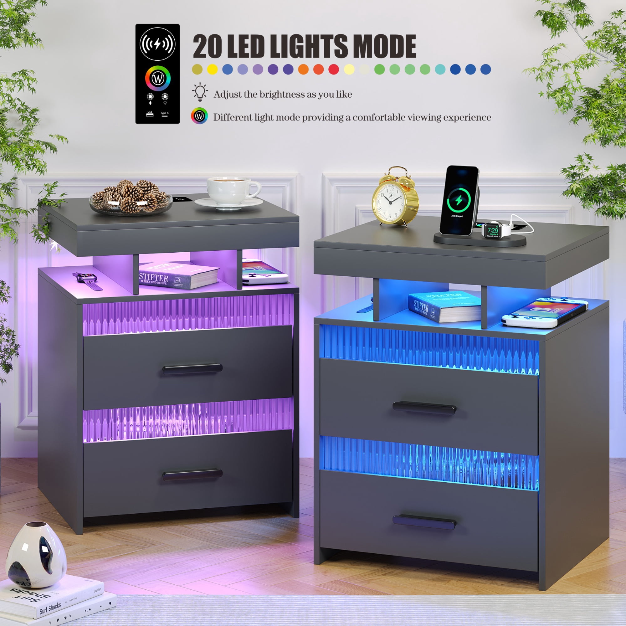 VKCC RGB LED Nightstand with 2 Drawers & Charging Station, Modern Bedside Table for Bedroom Living Room, Grey