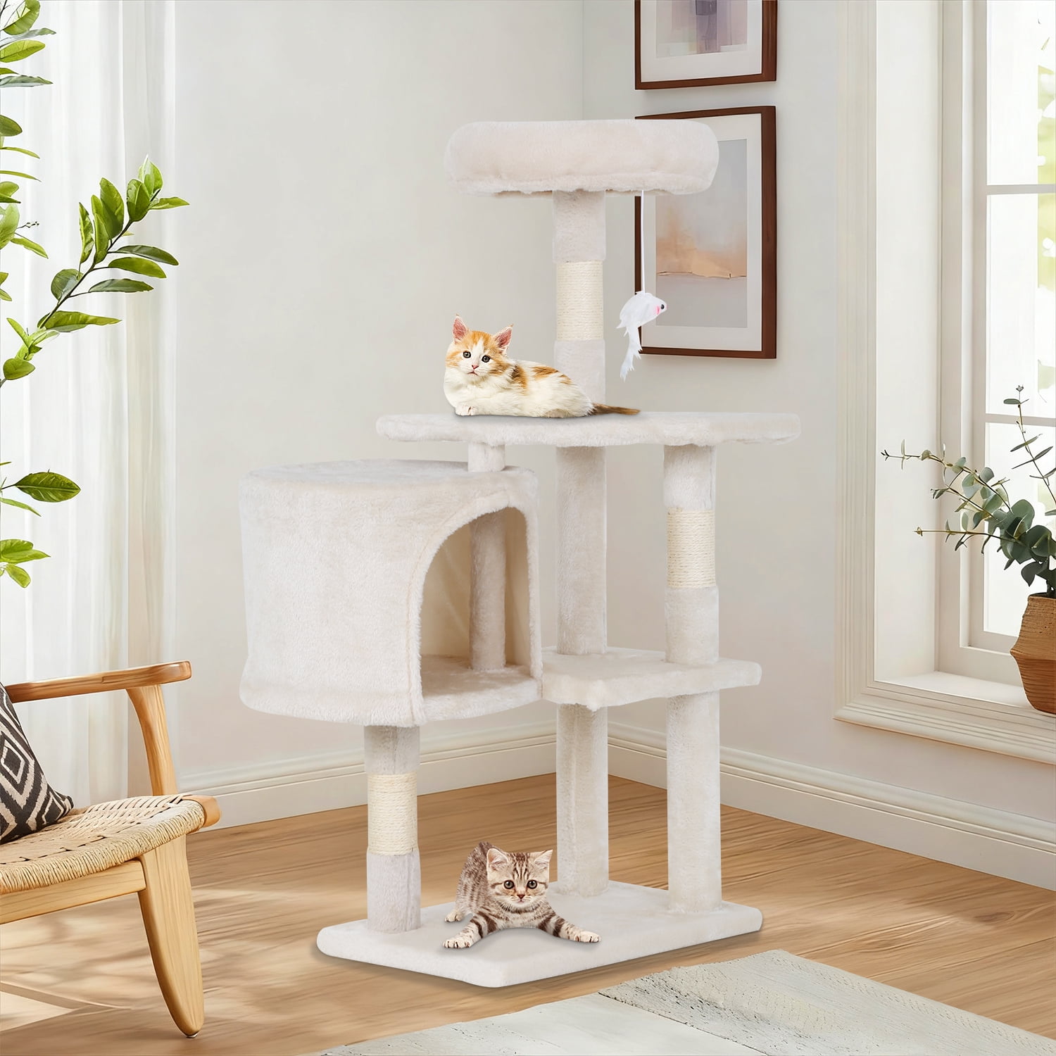 NiamVelo 36 Inch Cat Tree Cat Tower for Small Cats, Plush Multi-Level Cat Condo with Scratch Post Kittens Playhouse Furniture Set, Beige