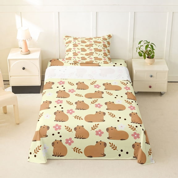 Manfei Lovely Capybara Twin Sheets,Pretty Floral Bedding,Yellow,3 Pieces,1 Fitted Sheet and 1 Pillowcase