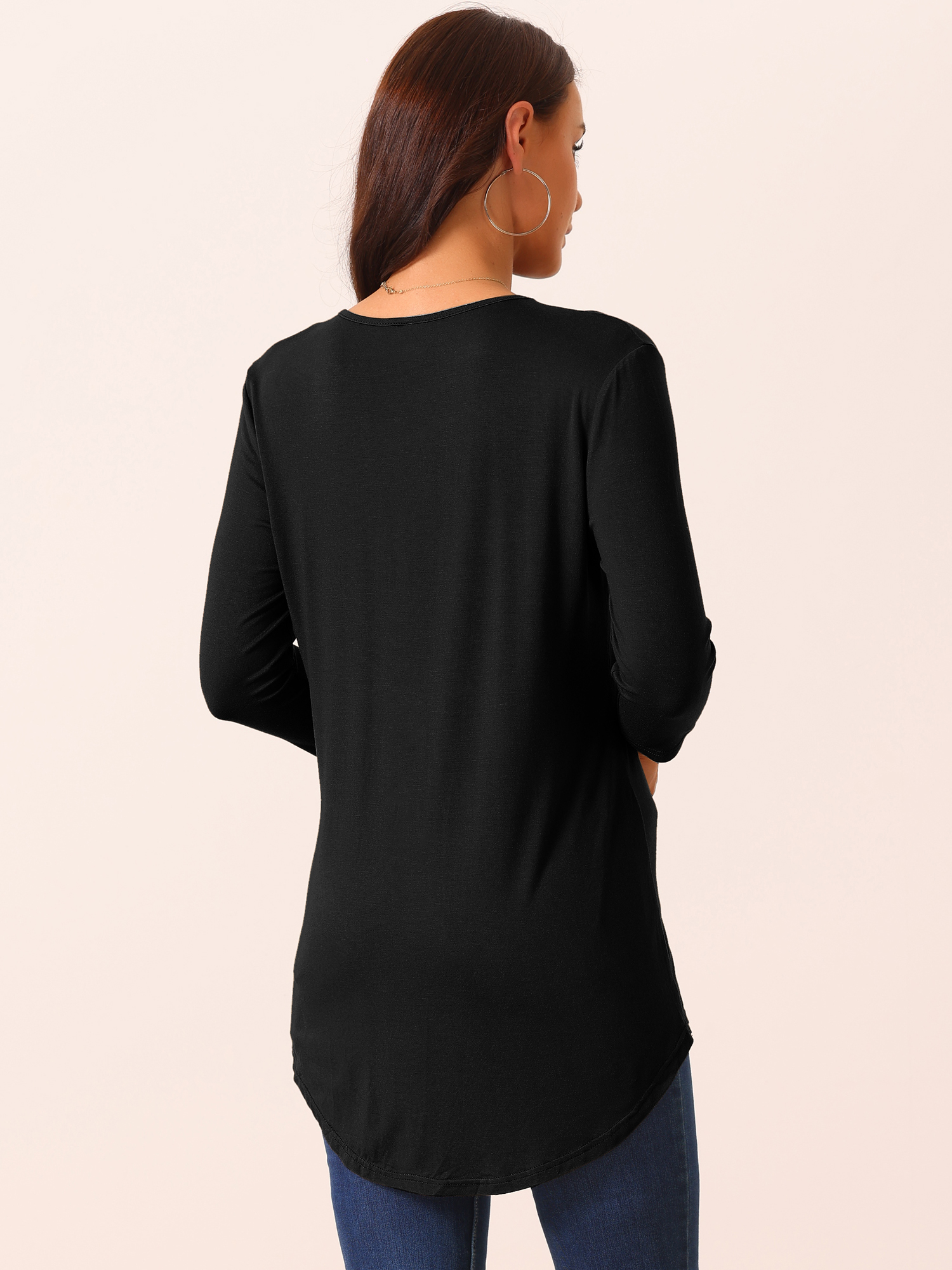 DARING DIVA Women's Tunic Top Crewneck 3/4 Sleeve Asymmetrical Blouse Black M