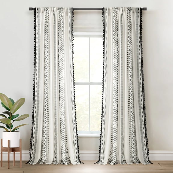 Lush Decor Hygge Boho Stripe Tassel Window Curtain Panels Black/White 52X84 Set