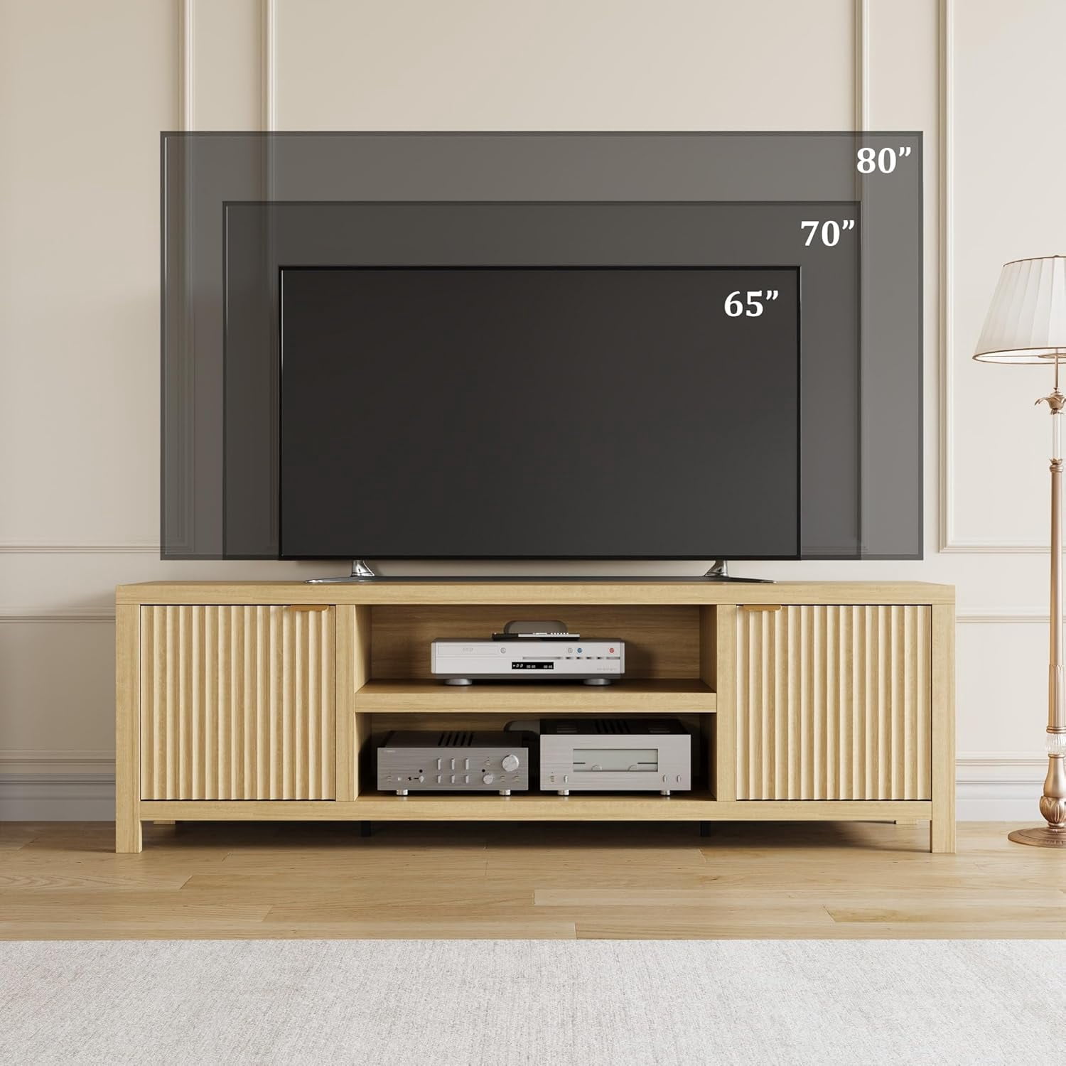 Garvee Fluted TV Stand for 80 Inch TV, Modern Entertainment Center with Storage, Media Console with Gold Handles & Fluted Doors, Natural Oak
