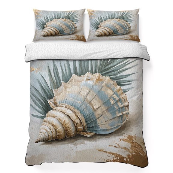 Conch Palm Leaf 3 Piece Quilt Bedding Set with 2 Pillow Shams, Vintage Ocean Lightweight Bedspread Coverlet, Soft Breathable All Season Quilt, 79 x 90 Inch