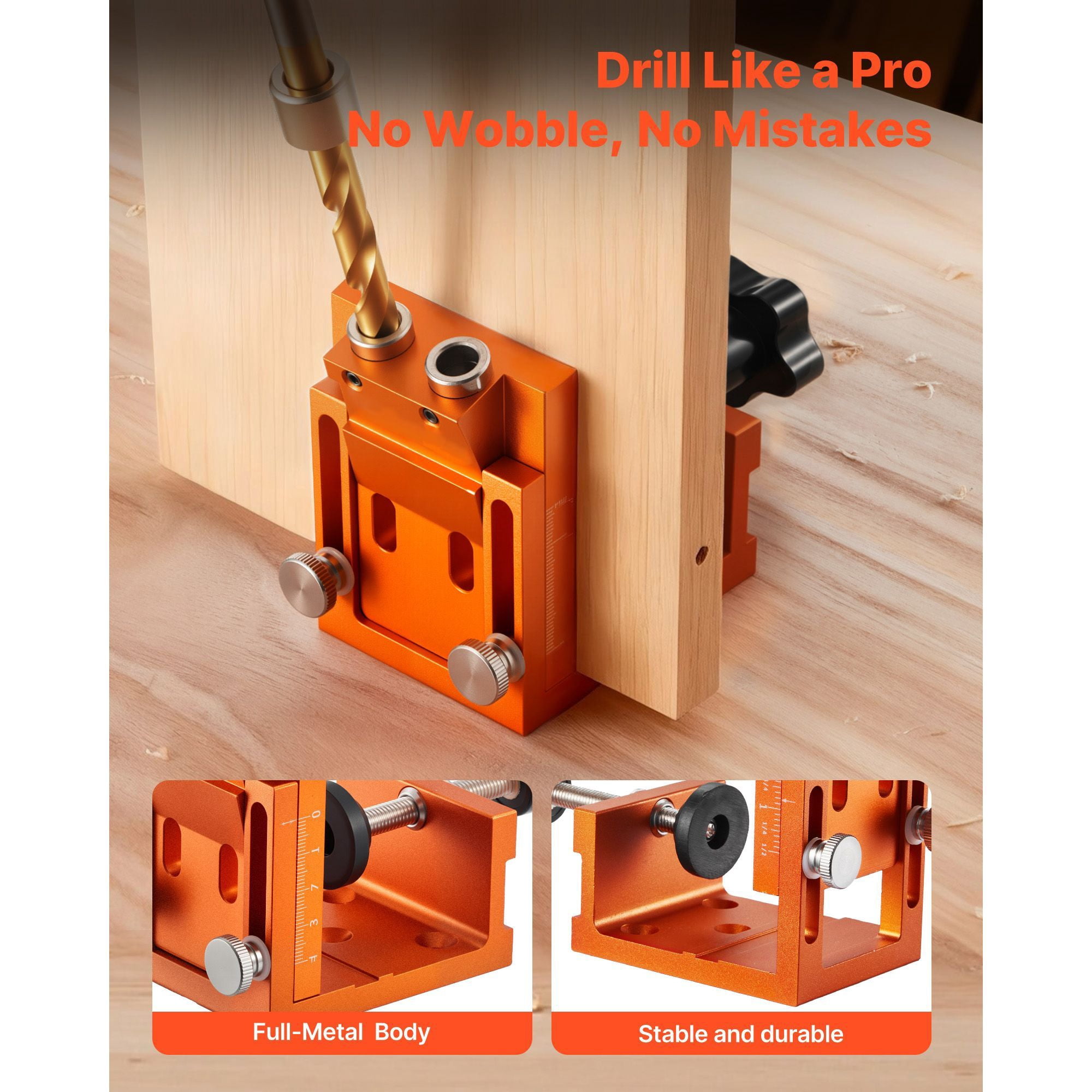 Pocket Hole Jig Kit, Adjustable 0.47-1.89 Inch Depth, Reinforced Nylon Frame with Hardened Steel Bushings, Titanium-Plated Drill Bit, Woodworking Jig for Cabinets and Furniture