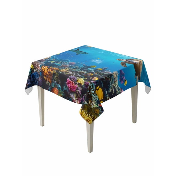 Turtle Table Cloth, Blue Ocean Sea Shark Coral Cartoon Fish Summer Waterproof Tablecloth for Square Tables, Reusable Washable Fabric Table Cover for Restaurant Kitchen Dining Tables 54"x54"