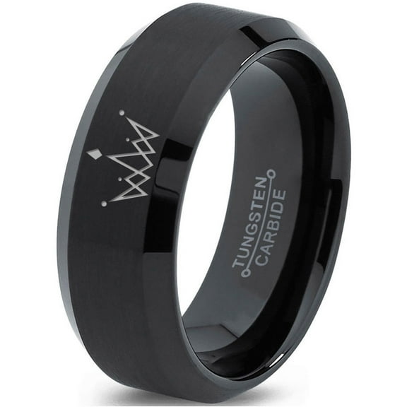 Tungsten Crown Royalty King Queen Diamond Circle Band Ring 8mm Men Women Comfort Fit Black Beveled Edge Brushed Polished