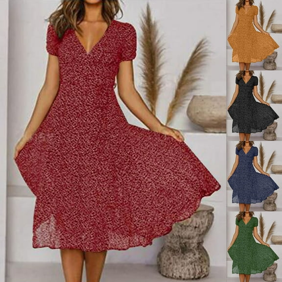 HAPIMO Tea Length Loose Dress for Women Clearance Dot Print Vacation Ruffle Swing Hem Short Sleeve Clothing Summer Beach V Neck Sundress Retro Boho Black L