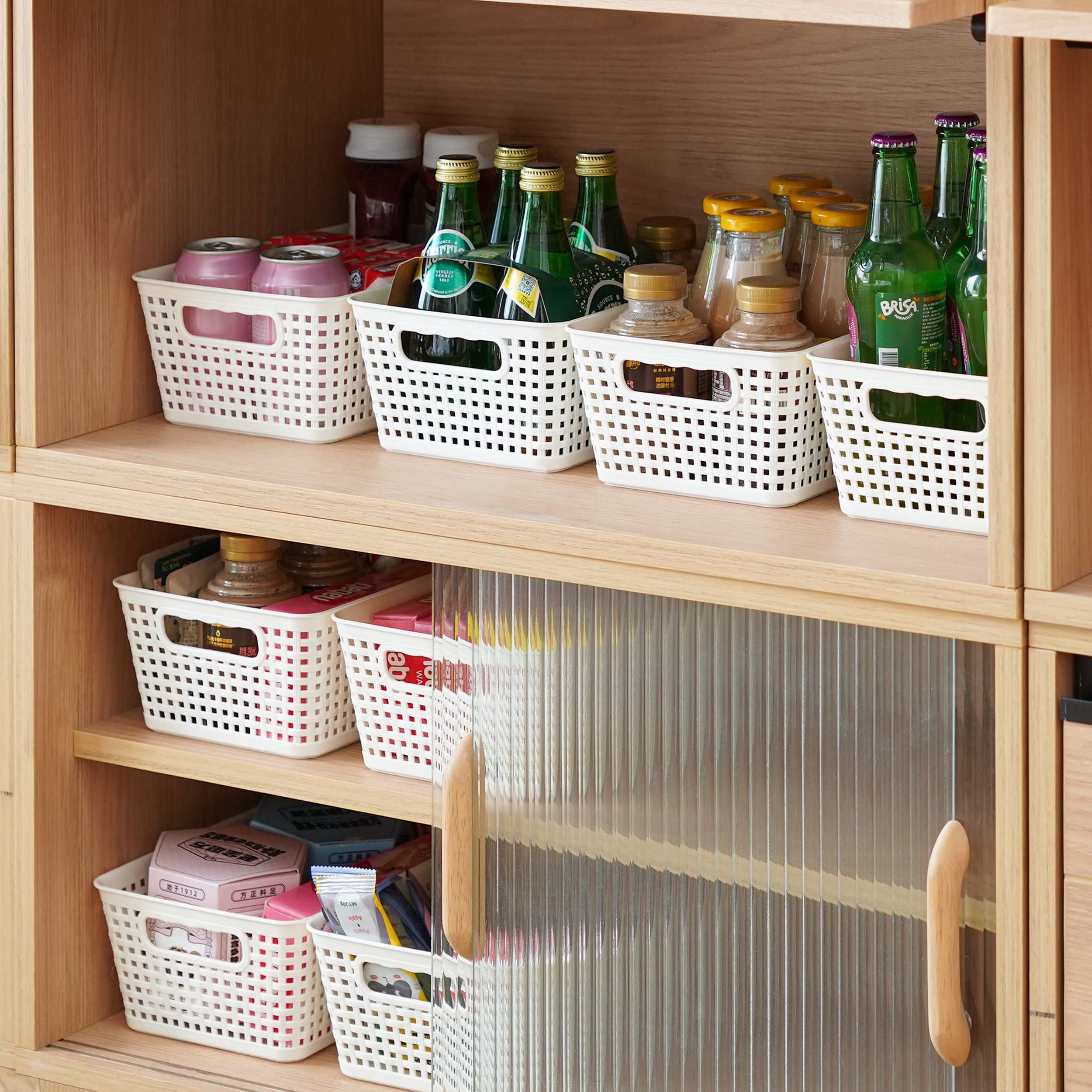 Small Plastic Storage Basket with Lid Handle 7x10.9x4 in Cream White 6 Pack