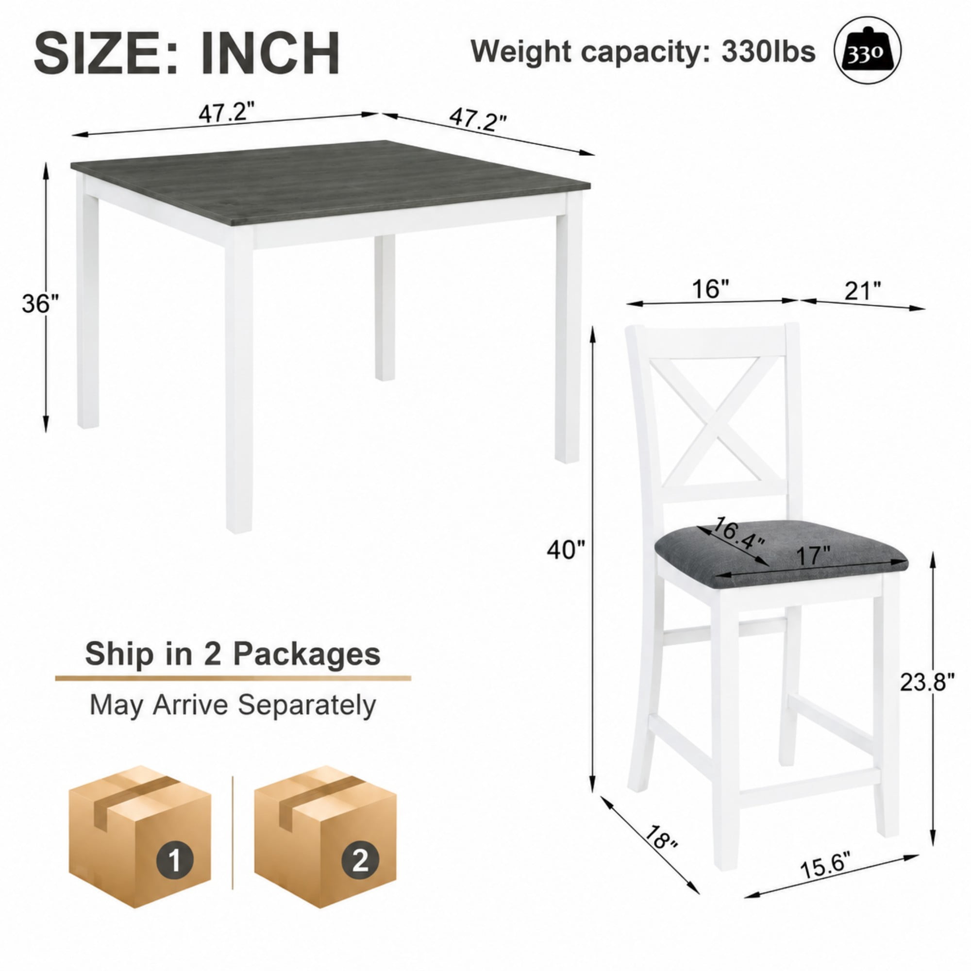BSHTI 5-Piece Counter Height Dining Table Set – 34.5" Kitchen Square Table with 4 Chairs, X-Back Design, Linen Upholstery 4 Chair Dining Table Set, Solid Wood Frame（Grey+White）