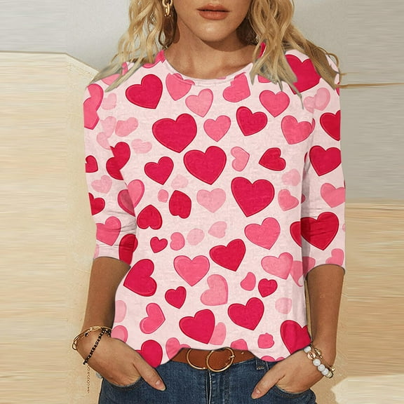 HaoXianJian Womens Valentines Day Outfit,Valentines Day Womens Tops 2025 Trendy 3/4 Length Sleeve Shirts Cute Heart Print Tee Shirts Fashionable Casual top Size 2X