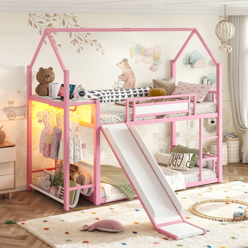 Twin Over Twin Metal Bunk Bed with Slide, LED Hanging Area, Fabric Storage Shelf, Power Outlet, House-Shaped Playhouse Frame, Safety Guardrails, Ladder, Low Profile Kids Bunk Bed