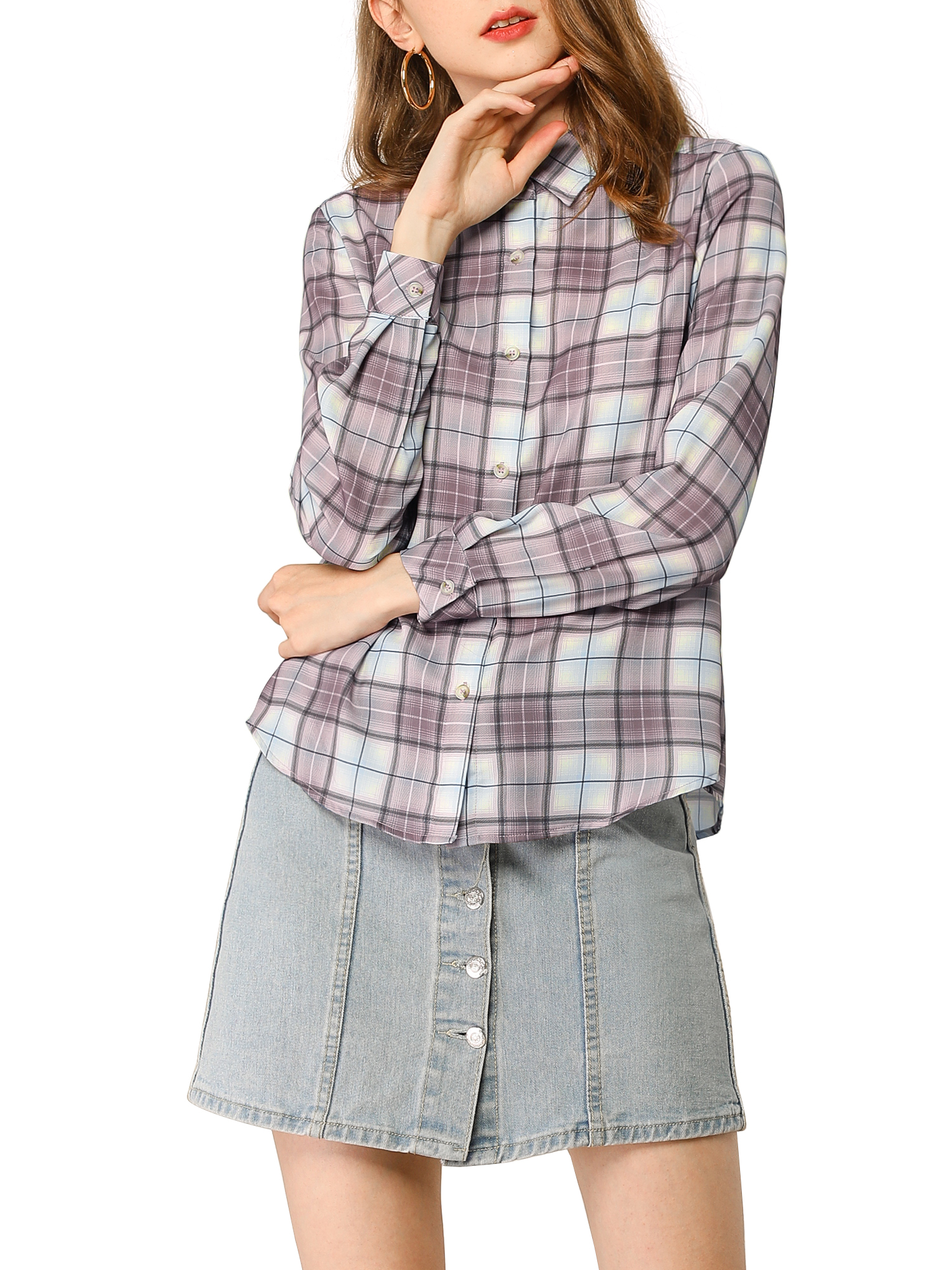 MODA NOVA Junior's Plaid Long Sleeves Button Up Shirt Purple S - image 3 of 7