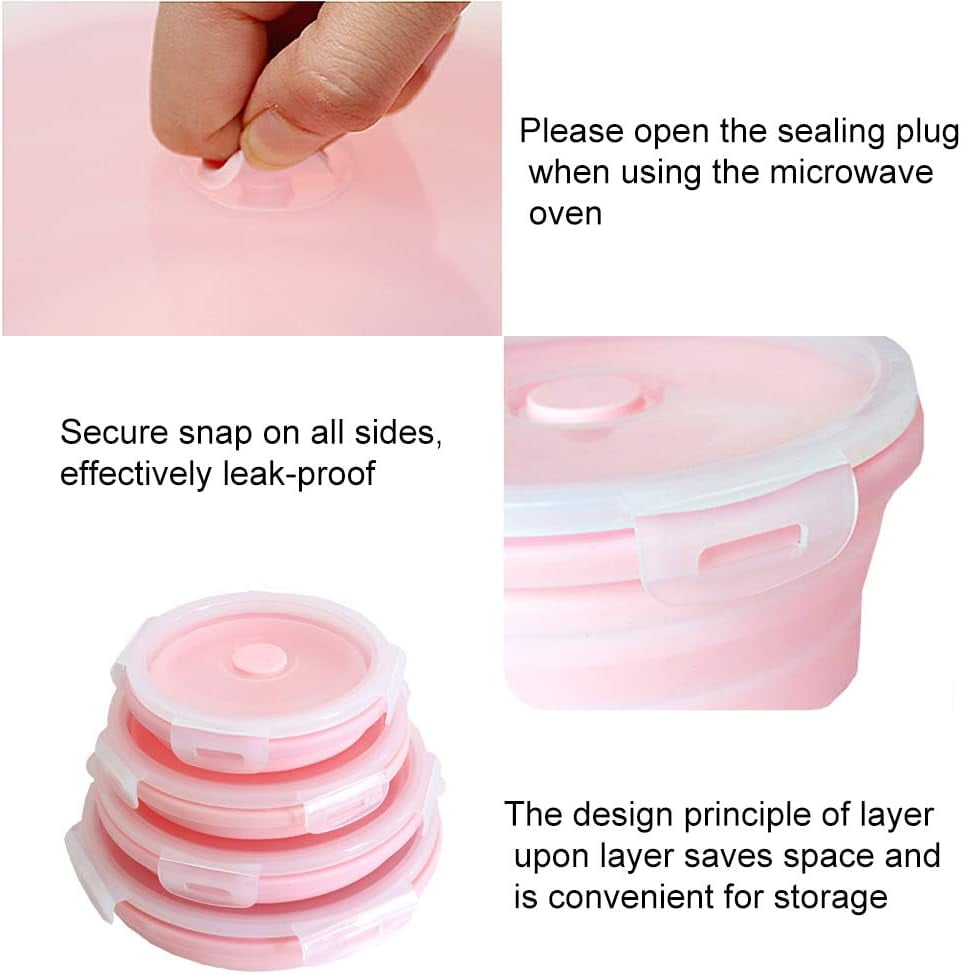 4-Pack Collapsible Bowl - Round Silicone Food Storage Containers with Lids,Portable Lunch Box Bento Box for Travel | Microwave, Dishwasher & Freezer Safe | Essential Camper Organization(Pink)