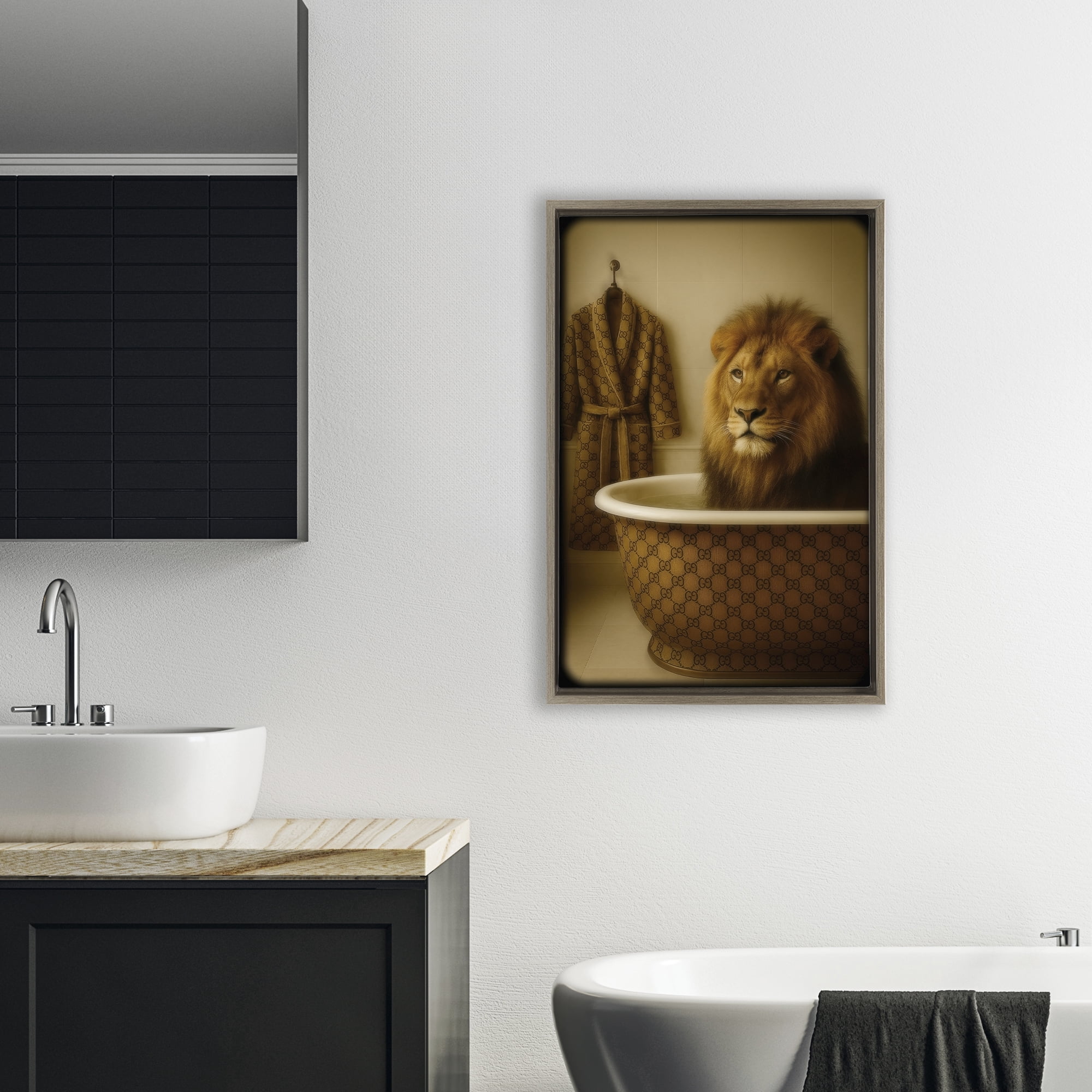 Stupell Industries Couture Lion in Luxury Tub Brown Framed Floater Canvas Wall Art, design by Grotto Studios