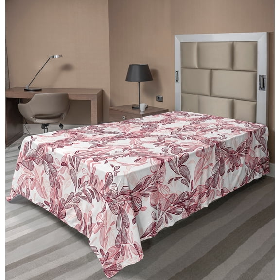 Ambesonne Floral Flat Sheet, Sketchy Leaves Petals, Twin Size, Maroon Coral and White