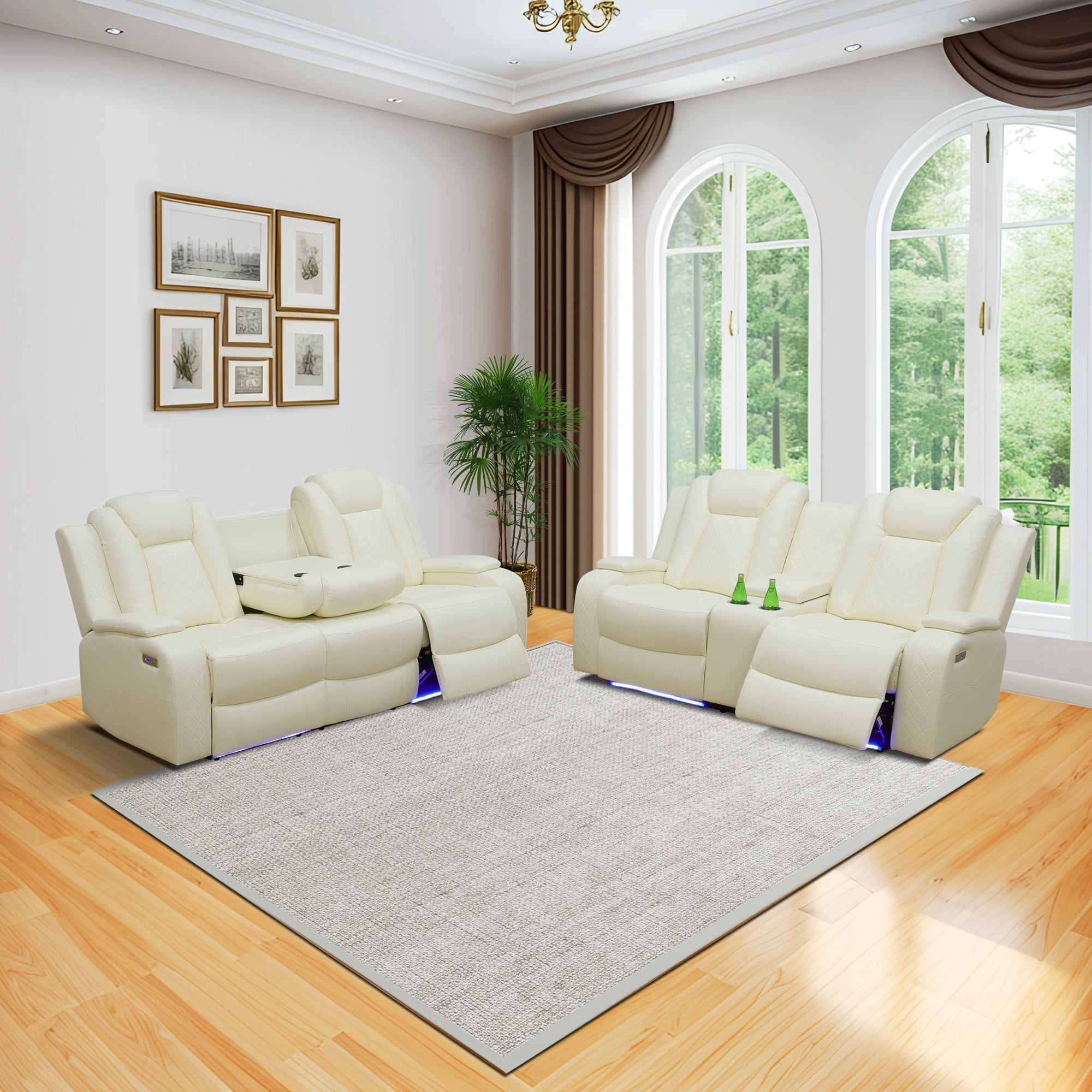 Gewnee Power Recliner Sofa Sectional Couch with LED Light for Living Room,Air Leather Reclining Loverseat,,Chair and Sofa with Cup Holder Storage Console for Home Theater