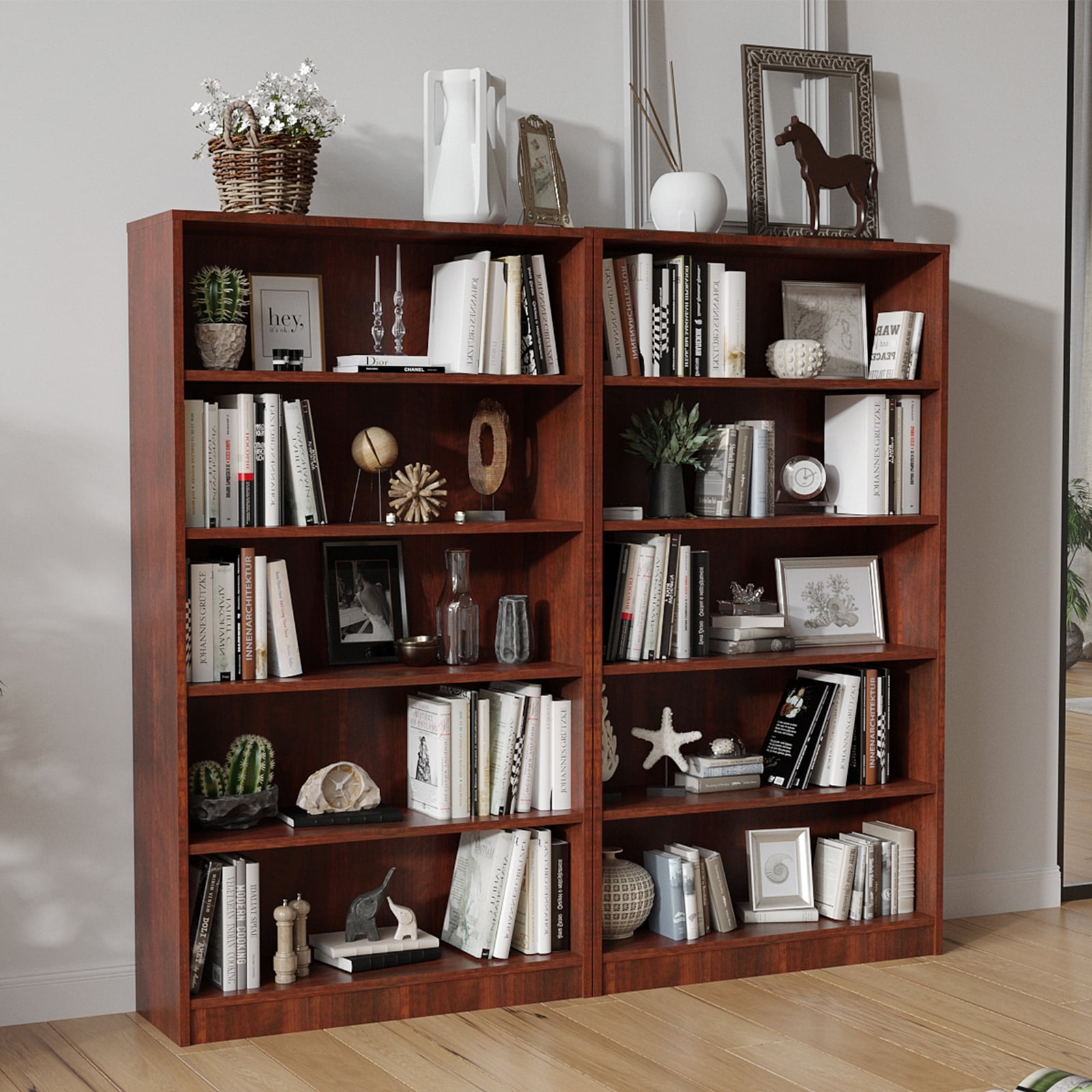 STARY 5 Tiers Bookcase, Wooden Bookcase with Adjustable Shelves for Home, Office, Cherry