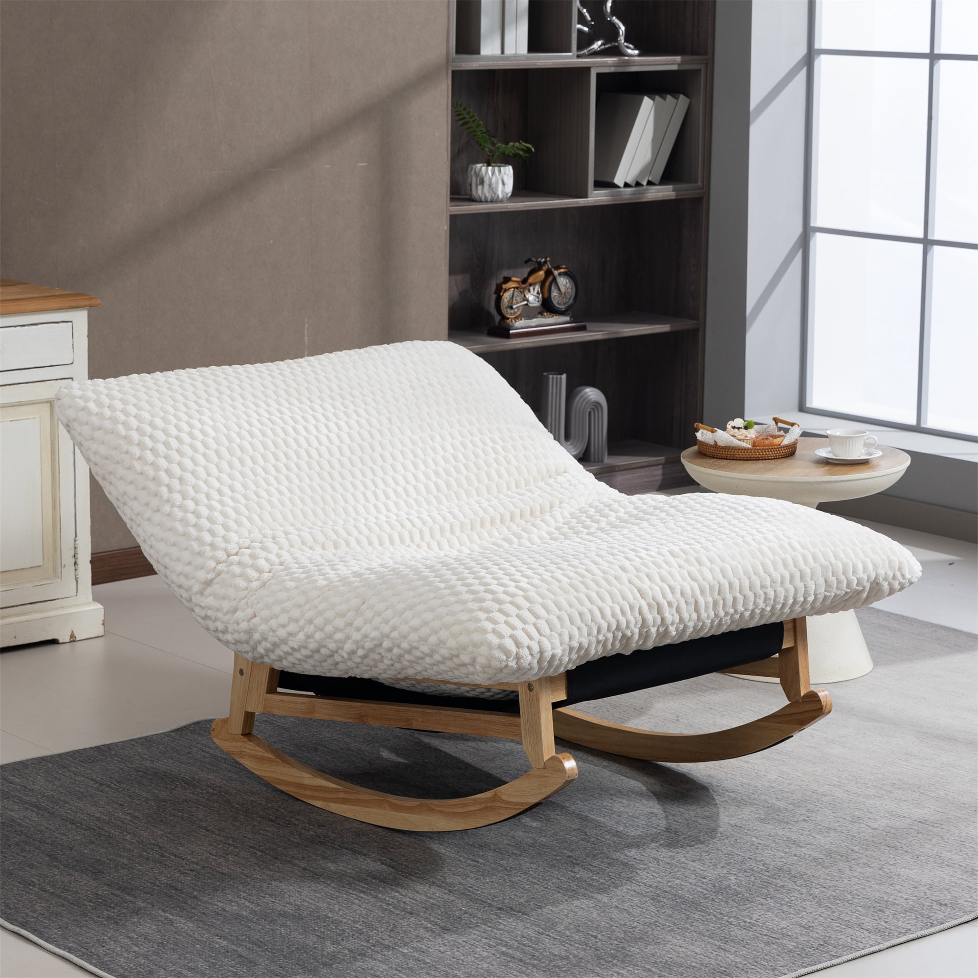 Aukfa 41" Oversized Wooden Rock & Chaise Lounge, 3 in 1 Convertible Glider Sofa Chair for Living Room Bedroom, Plush Cushion, Corduroy, White