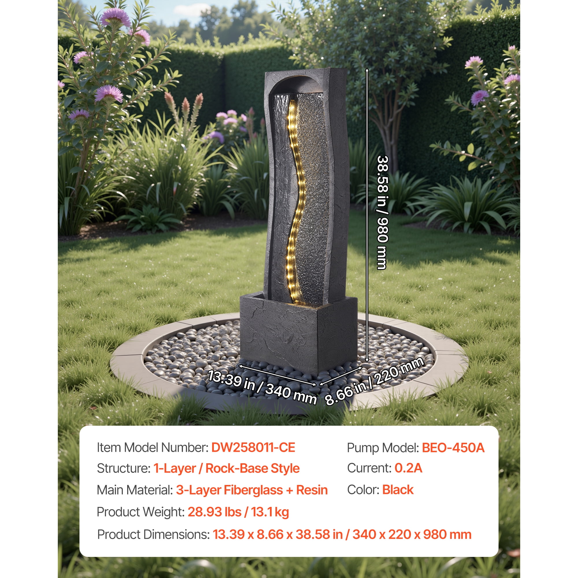 KFFKFF Outdoor Water Fountain, 38.58-Inch Tall with LED Light and Pump, 1-Tier Floor Standing Rock Base Design for Garden, Home, Patio, and Backyard Use