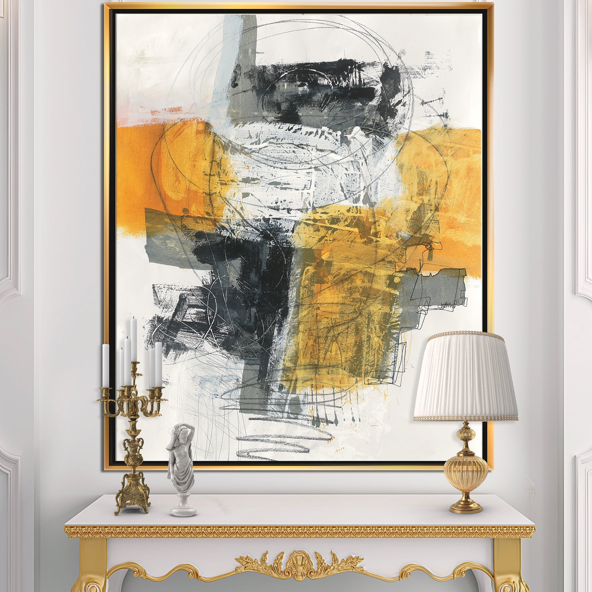 Designart ' Abstract Composition of Glamorous Yellow and Black ' Contemporary Framed Canvas
