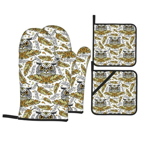 

Oven Mitts and Pot Holders Sets 4 pcs - Feathered Owl Print Heat Resistant Silicone Oven Gloves with Non-Slip Silicone Surface and hot pads for kitchen Baking Cooking BBQ