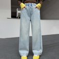 thumbnail image 2 of XEGLSBU Girls Jeans Size 10-12 Bootcut Girls Denim Pants Straight Leg Loose Fit Wide Leg Casual Comfortable Jeans for Kids Light Blue Size 8-9 Years, 2 of 9
