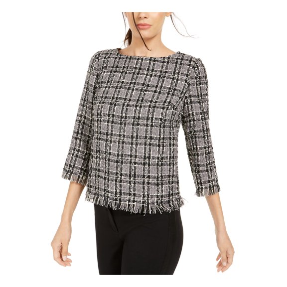 ANNE KLEIN Womens Gray Fringed Plaid Long Sleeve Jewel Neck Top XS