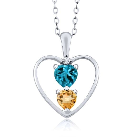 925 Sterling Silver London Blue Topaz Yellow Citrine and White Lab Grown Diamond Pendant Necklace for Women (0.78 Cttw, Gemstone November Birthstone, Heart 5MM and 4MM, with 18 inch Silver Chain)